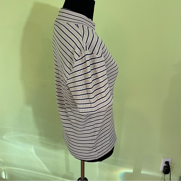 VINTAGE Y2K RIBBED STRIPED YELLOW BLUE MOCK NECK SHORT SLEEVE TOP SIZE MEDIUM - Picture 4 of 8